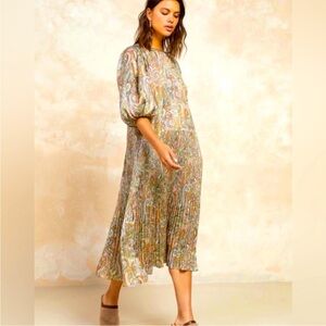 Current Air Los Angeles Pleated Paisley Puff Sleeve Midi Dress Size Small
